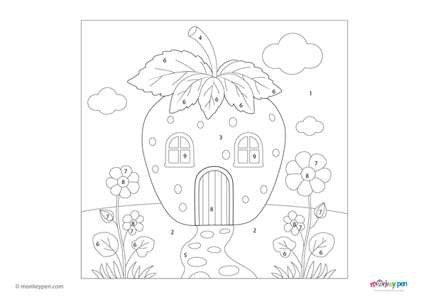 Downloadable color-by-number worksheet of a strawberry-shaped house, with numbered areas for walls, leaves, and whimsical background.