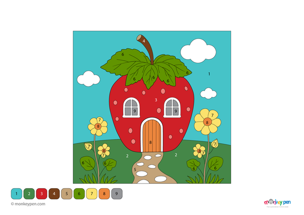 Downloadable color-by-number worksheet of a strawberry-shaped house, with numbered areas for walls, leaves, and whimsical background.