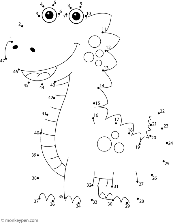 A cheerful cartoon dinosaur with playful spikes is revealed as children connect the numbered dots in this prehistoric-themed worksheet.