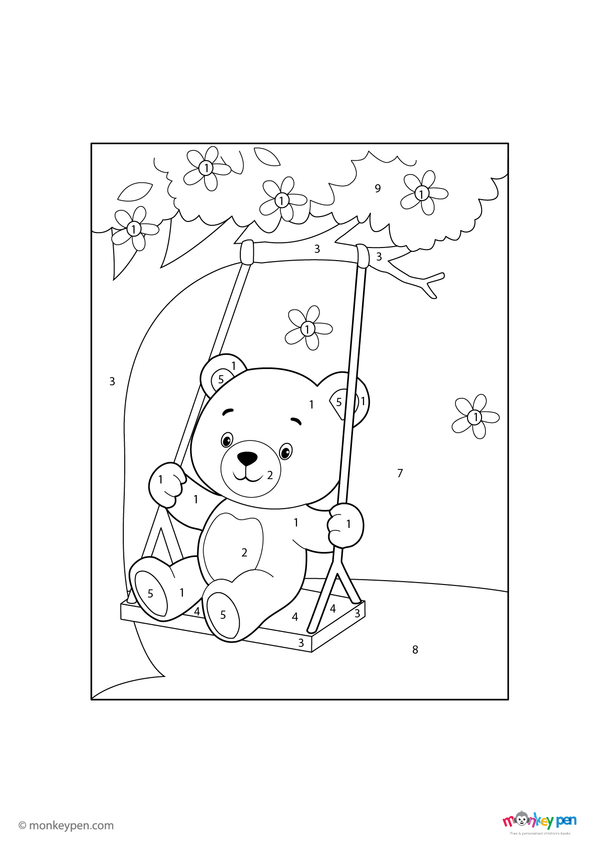 Color-by-number worksheet of a teddy bear swinging – free download to color bear’s fur, swing, and playful outdoor scene.