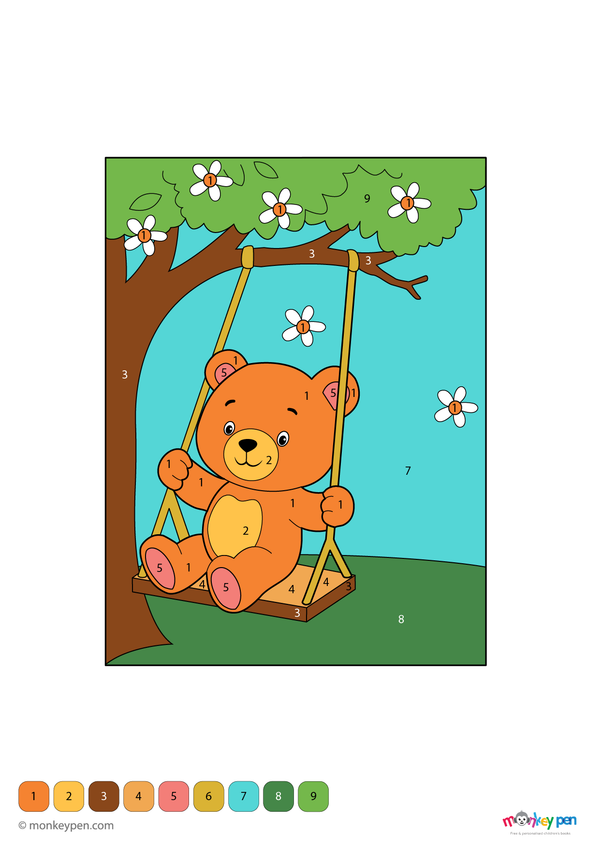 Color-by-number worksheet of a teddy bear swinging – free download to color bear’s fur, swing, and playful outdoor scene.