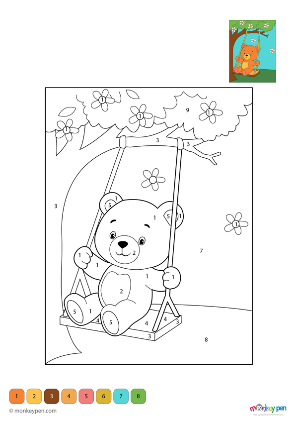 Color-by-number worksheet of a teddy bear swinging – free download to color bear’s fur, swing, and playful outdoor scene.