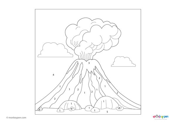Volcano with flowing lava, an educational nature and science-themed color by number activity for children.