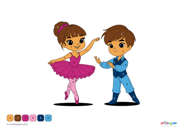 Color-by-number worksheet of a dancing ballerina – free download to color her tutu, slippers, and elegant performance scene.