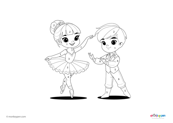 Color-by-number worksheet of a dancing ballerina – free download to color her tutu, slippers, and elegant performance scene.