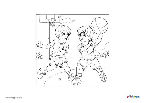 Downloadable color-by-number worksheet of a basketball player, with numbered areas for jersey, ball, and court background.