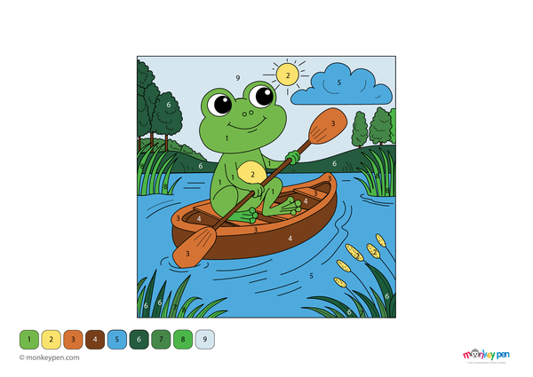 Color-by-number worksheet of a frog paddling a canoe – free download to color frog, boat, and surrounding river scene.
