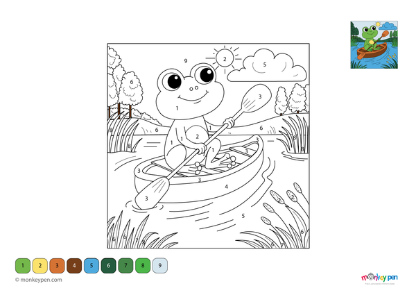 Color-by-number worksheet of a frog paddling a canoe – free download to color frog, boat, and surrounding river scene.