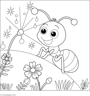 Ant and the Glittering Dew Drops coloring page – free printable for kids to color and enjoy