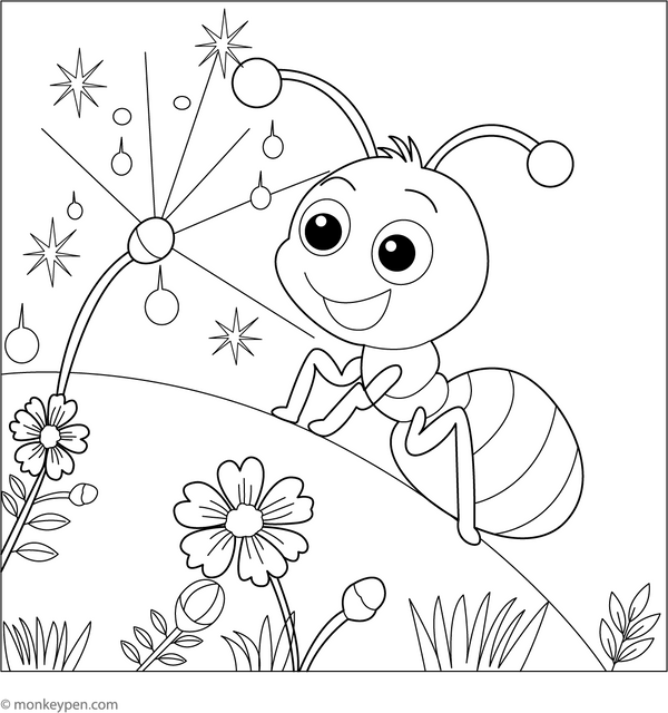 Ant and the Glittering Dew Drops coloring page – free printable for kids to color and enjoy