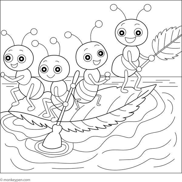 Ants Building a Raft coloring page – free printable for kids to color and enjoy