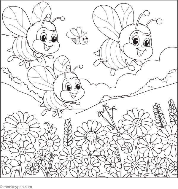 Bee Family in a Meadow coloring page – free printable for kids to color and enjoy