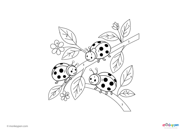 Color-by-number worksheet of a ladybug on leaves – free download to color body, spots, and garden background.