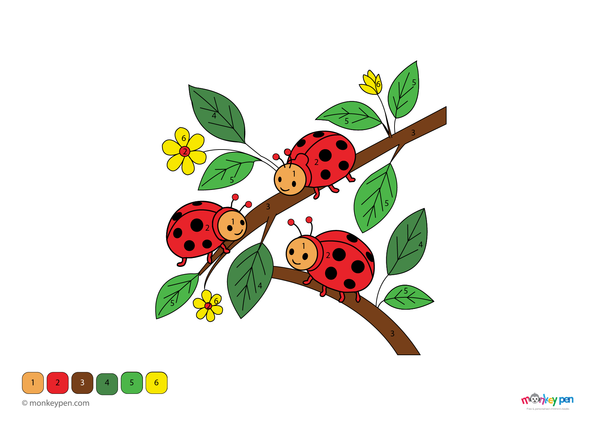 Color-by-number worksheet of a ladybug on leaves – free download to color body, spots, and garden background.