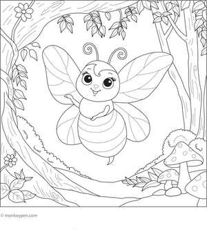 Fairy Bee in an Enchanted Forest coloring page – free printable for kids to color and enjoy