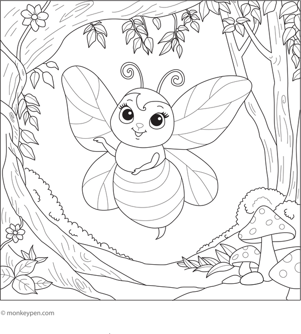 Fairy Bee in an Enchanted Forest coloring page – free printable for kids to color and enjoy