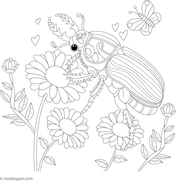 Beetle and a Flower Garden Colouring Page – free printable for kids to color and enjoy