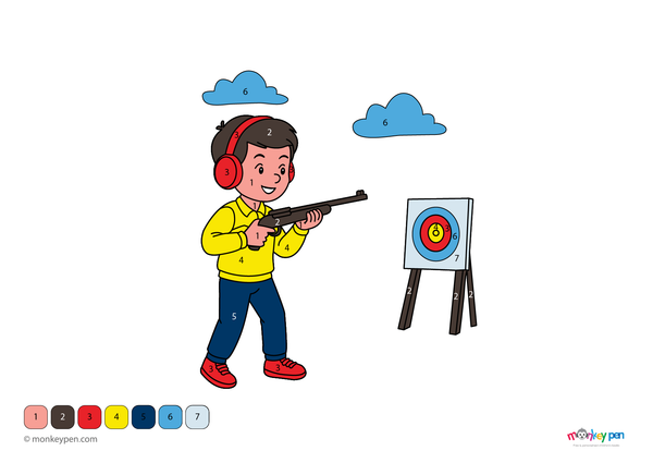 Color-by-number worksheet of a shooting game scene – free download to color targets, player, and surrounding play area.