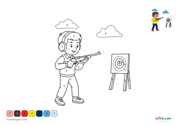 Color-by-number worksheet of a shooting game scene – free download to color targets, player, and surrounding play area.