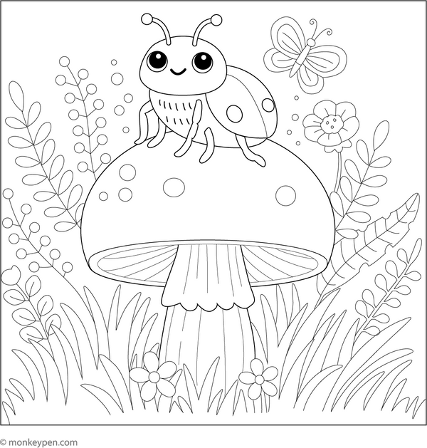 Beetle on a Mushroom Colouring Page – free printable for kids to color and enjoy