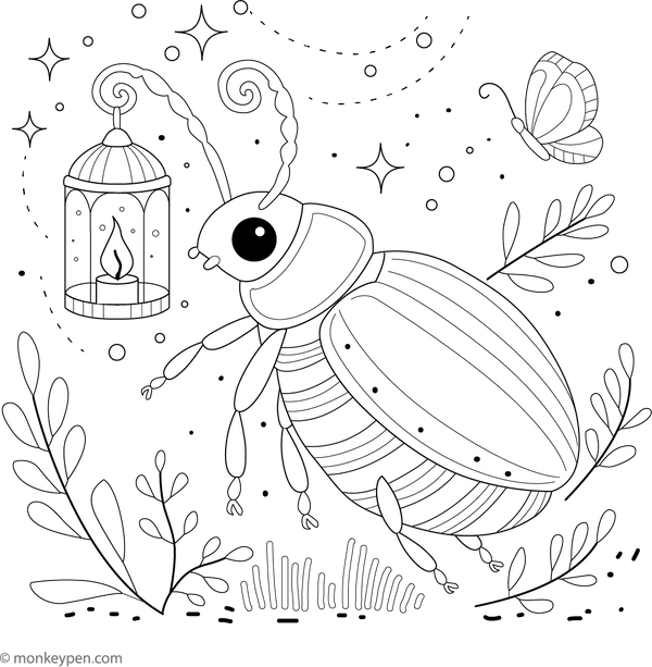 Beetle with a Lantern Colouring Page – free printable for kids to color and enjoy