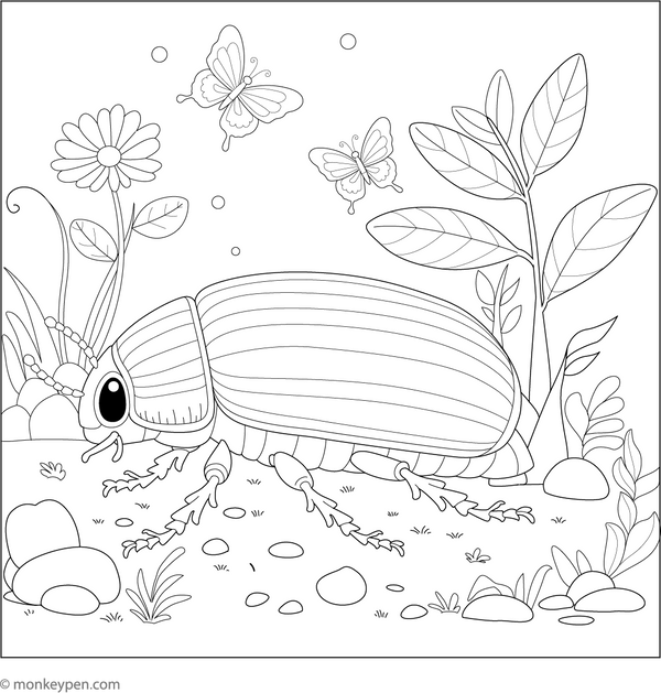 Beetle in the Garden Colouring Page – free printable for kids to color and enjoy