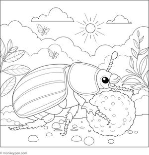 Dung Beetle with Dung Ball Colouring Page – free printable for kids to color and enjoy