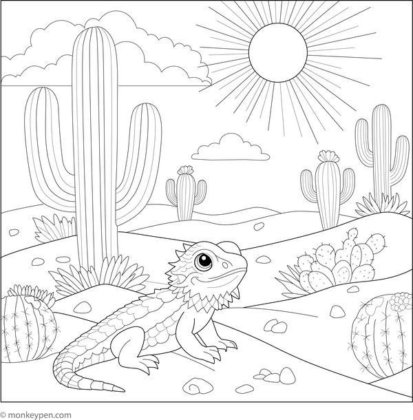 Bearded Dragon in Desert coloring page – free printable for kids to color and enjoy