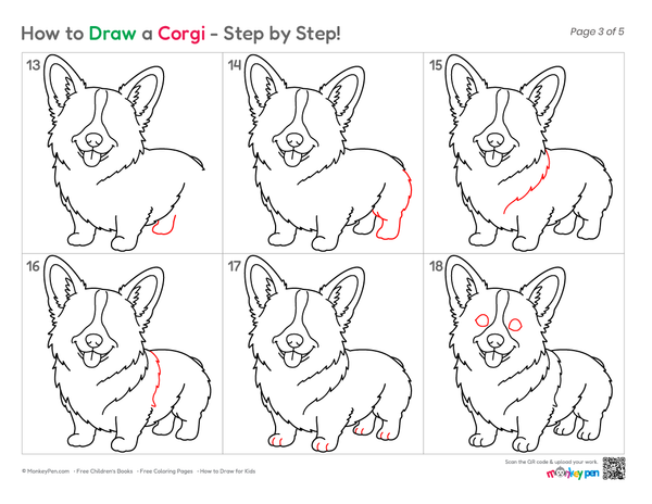 Corgi drawing showing a cheerful expression and short legs.