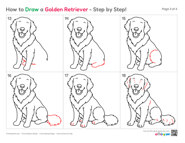 Golden retriever drawing showing a happy expression and soft fur texture.