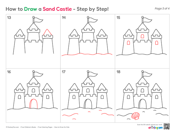 Sand castle outline drawing for kids to practice drawing skills.