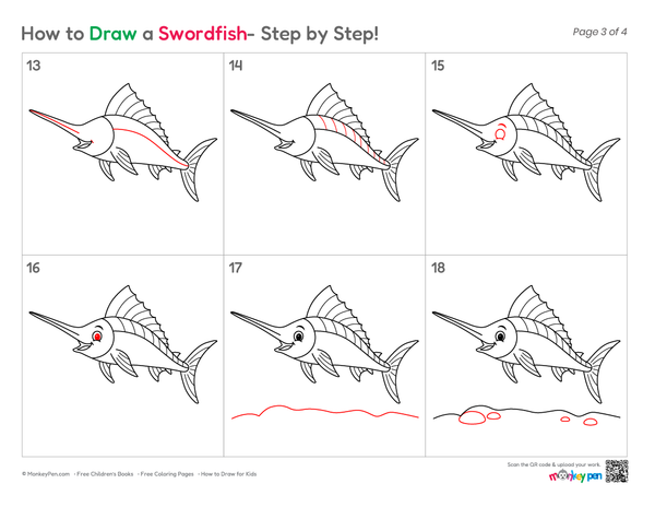 Simple swordfish drawing worksheet featuring easy sketching stages and realistic fish details.