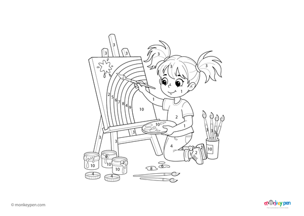 Downloadable color-by-number worksheet of a girl painting, with numbered areas for clothing, canvas, and artistic background.