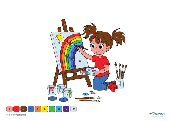 Downloadable color-by-number worksheet of a girl painting, with numbered areas for clothing, canvas, and artistic background.