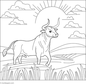 Bull in a Sunset Scene coloring page – free printable for kids to color and enjoy