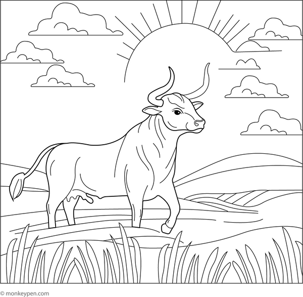 Bull in a Sunset Scene coloring page – free printable for kids to color and enjoy