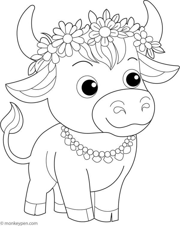 Bull Wearing a Garland coloring page – free printable for kids to color and enjoy