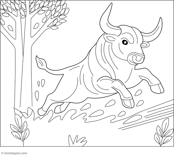 Charging Bull in a Forest coloring page – free printable for kids to color and enjoy