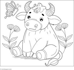 Bull and a Butterfly coloring page – free printable for kids to color and enjoy