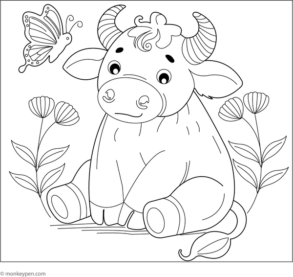Bull and a Butterfly coloring page – free printable for kids to color and enjoy