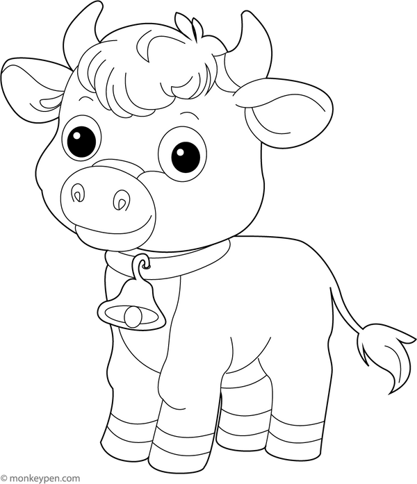 Baby bull with bell coloring page – free printable for kids to color and enjoy