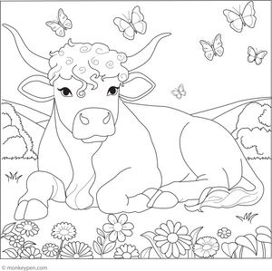 Bull and the Butterflies coloring page – free printable for kids to color and enjoy