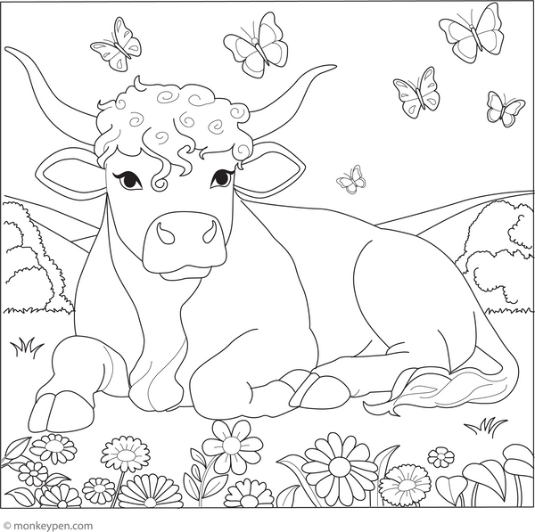 Bull and the Butterflies coloring page – free printable for kids to color and enjoy