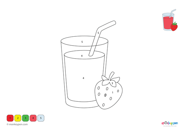 Downloadable color-by-number worksheet of a glass of strawberry juice, with numbered areas for juice, glass, and surrounding details.