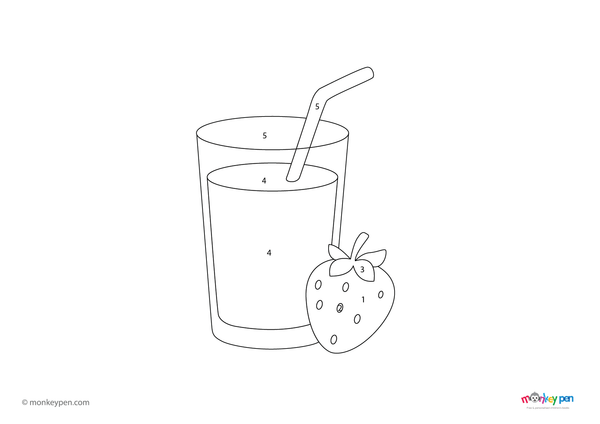 Downloadable color-by-number worksheet of a glass of strawberry juice, with numbered areas for juice, glass, and surrounding details.