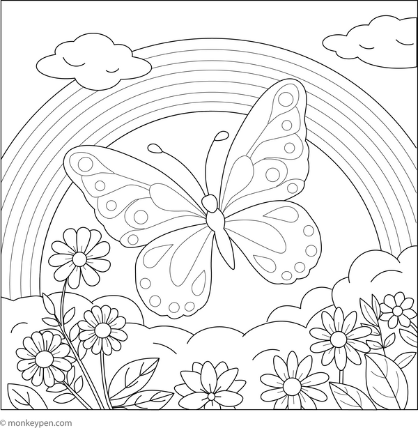 Butterfly and Rainbow coloring page – free printable for kids to color and enjoy