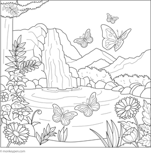 Magical Butterfly Pond coloring page – free printable for kids to color and enjoy