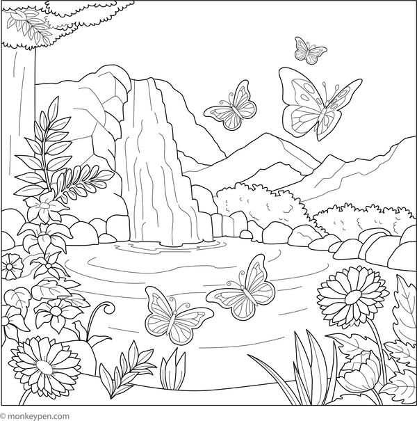 Magical Butterfly Pond coloring page – free printable for kids to color and enjoy