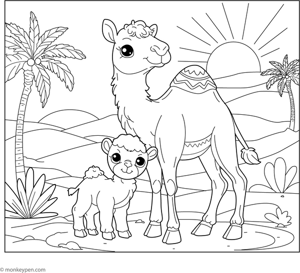 Baby Camel with Its Mother coloring page – free printable for kids to color and enjoy