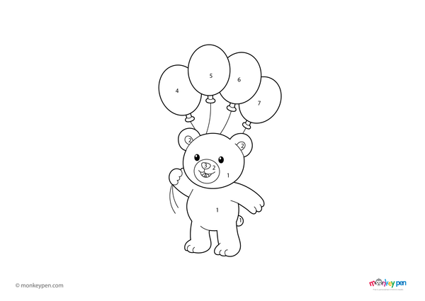 Color-by-number worksheet of a teddy bear with a balloon – free download to color bear, balloon, and playful scene.